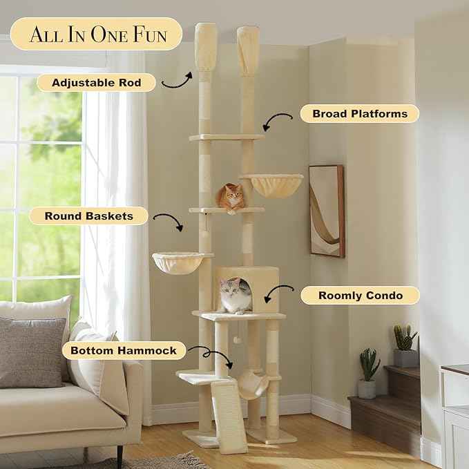 Floor to Ceiling Cat Tree Height (85-112 Inches) Adjustable, Tall Cat Tower 7 Tiers Activity Climbing Tower, Large Cat Tree with Cozy Hammocks, 5 Platforms and Scratching Posts for Indoor Cats-Beige