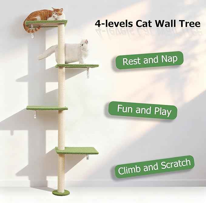 Cat Tree Wall Mounted,Tall Scratching Post for Indoor Cats Climbing Tower Activity Wood Cat Wall Furniture(Green)