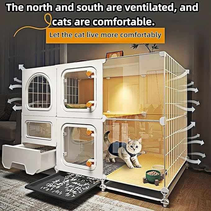 Indoor cat cage with Litter Box, Complimentary Cat Bed, Bow,lcat House with Wheels Outdoor,Large cat Villa Playpen, Small Animal Dog Kennel cat enclosures (42″(L) x18.2″(W) x32.4″(H))