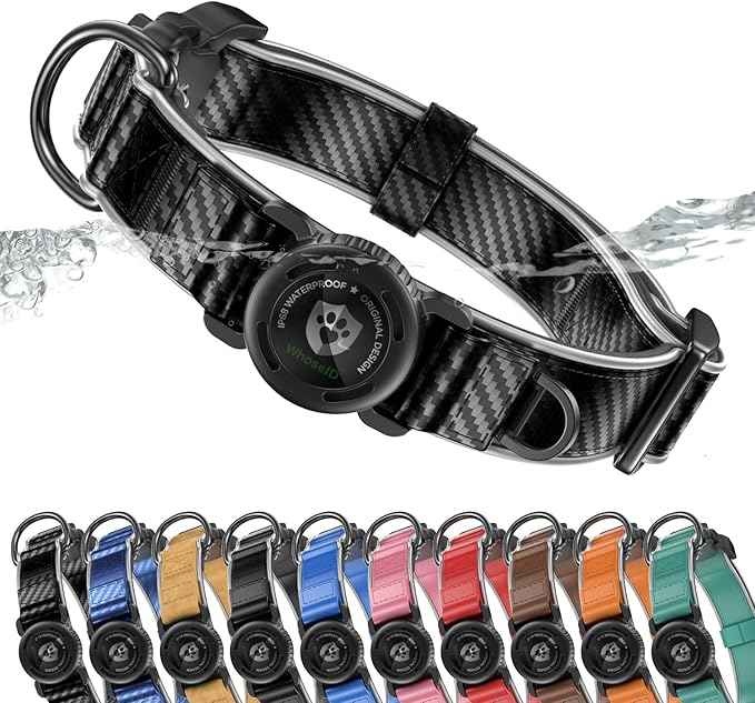 WhoseID Premium Leather Dog Collar - AirTag Dog Collar | Fur-Safe Magnetic Buckle | IPX8 Waterproof Reflective Small Dog Collar with AirTag Holder