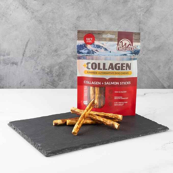 Wild Eats Real Salmon Collagen Sticks for Dogs, (15ct, 1cm Thick) Healthy Bully Stick - Long Lasting Dog Chew Treat