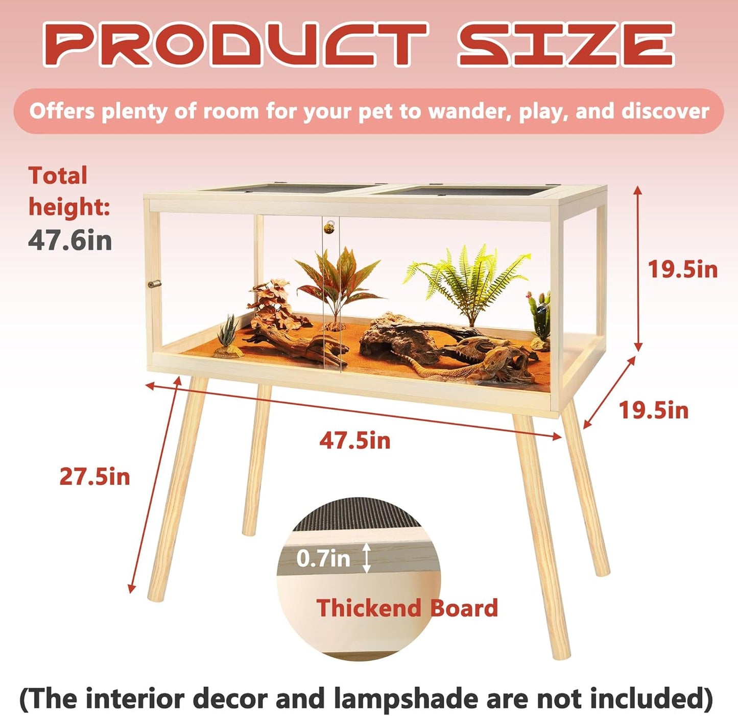 Bearded Dragon Tank with Legs Up to 77 Gallons, Tortoise Habitat with Metal Mesh Top, Reptile Enclosure Lockable Design, Snake Tank (Oak, 77 Gallon, 48" L x 20" W x 47.6" H) - FurryFun