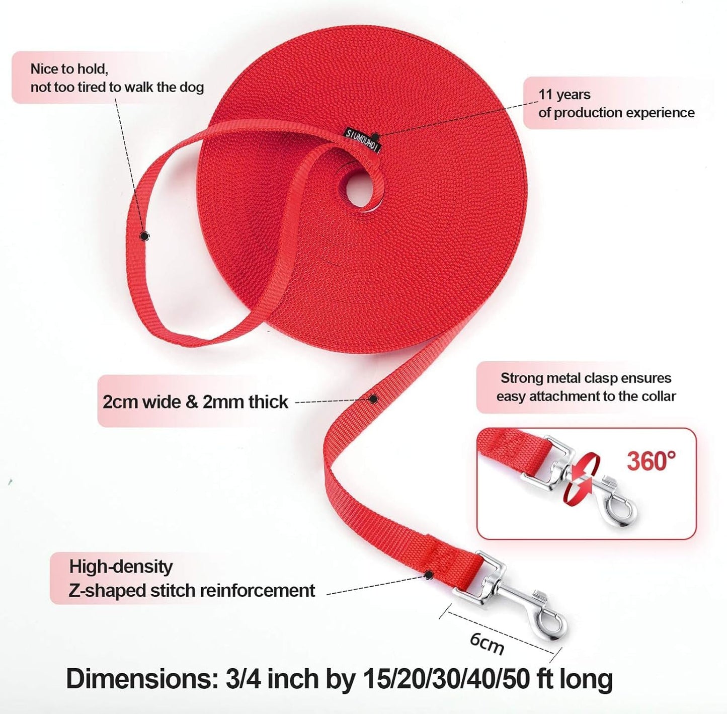 Dog/Puppy Obedience Recall Training Agility Lead - 15ft 20ft 30ft 40ft 50ft Training Leash - Great for Play, Camping, or Backyard (Pink, 20 Feet)