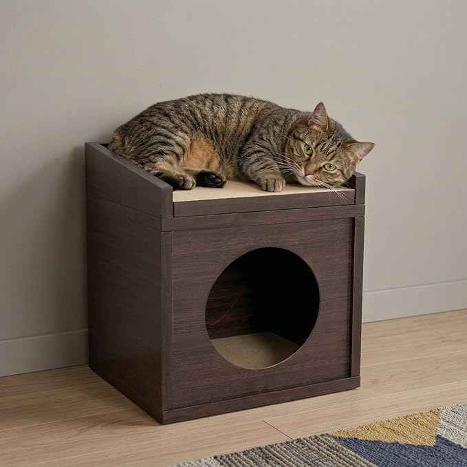 Meowdium Cat House – Cat Condo with Cardboard Scratcher, Scratching Post, Bed & Toy Storage, Cozy Cat Furniture & Accessories for Indoor Cats, Espresso