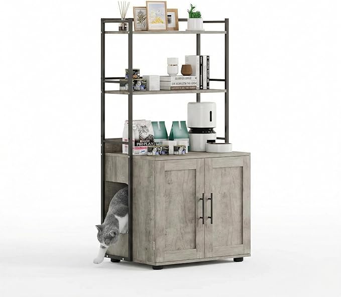 Cat Litter Box Enclosure, Hidden Litter Box Furniture with 3 Storage Shelves and Doors, Rustic Indoor Cat Cabinet, Multi-Functional Storage for Food, Cats Toilet Furniture