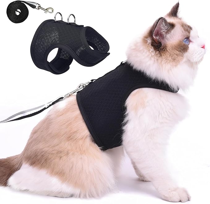 Cat Harness and Leash for Walking Escape Proof Breathable Mesh Fabric, Solid Black, XX-Large, Adjustable Cat Walking Jackets, Padded Stylish Cat Vest