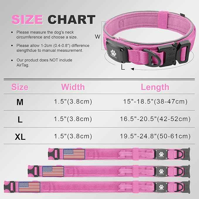 2026 Upgrade Dog Collar with IPX8 Waterproof AirTag Holder,Military Tactical Comfortable Control Handle and Ultra-Durable Metal Buckle/Night Reflective,GPS Collar for Medium to Large Dogs（Pink/M）