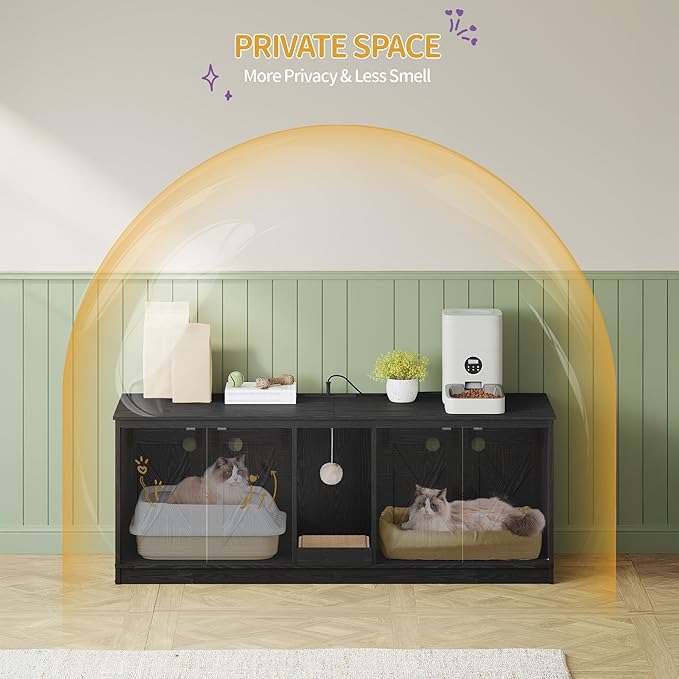 55" L Cat Litter Box Enclosure for 2 Cats, Double Hidden Litter Box Furniture with Scratch Pad, Wooden Cat Cabinet with USB Ports & Power Outlets, Farmhouse TV Stand, Black CB82504X