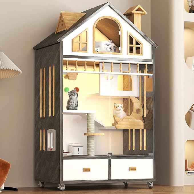 Wooden Cat House Indoor Cats Villa on Wheels, Large Space Cat Cage with Scratching Post, Multi-Feature Enclosed Cat Condo with Cat Litter Box Drawer, 63" X 35" X 24"