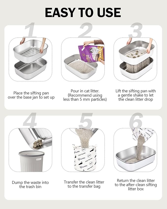 Stainless Steel Sifting Litter Box with Lid, Metal Litter Pan with Scoop for Big Cats Multi Cat, Extra Large Cats Litterbox Odor Control Easy Clean (22.8*16.5*11.8inch-With Enclosure & Step, X-Large)