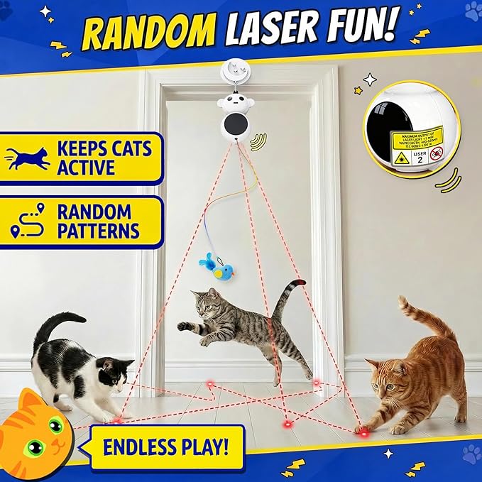 Interactive Cat Toys for Indoor Cats - 2 in 1 Automatic Laser Pointer Cat Toy with Feather Flying Bird，Smart Moving Mouse Wand Toy with 2 Modes, Auto On/Off Hanging Toys for Bored Kitten & Adult Cats