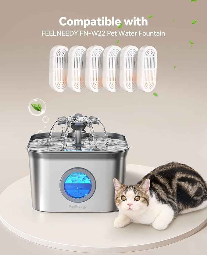 6 Pack Replacement Filters + 6 Pump Sponges for Feelneedy Cat Water Fountain [FN-W22] - 99oz/2.8L Pet Water Fountain Filters