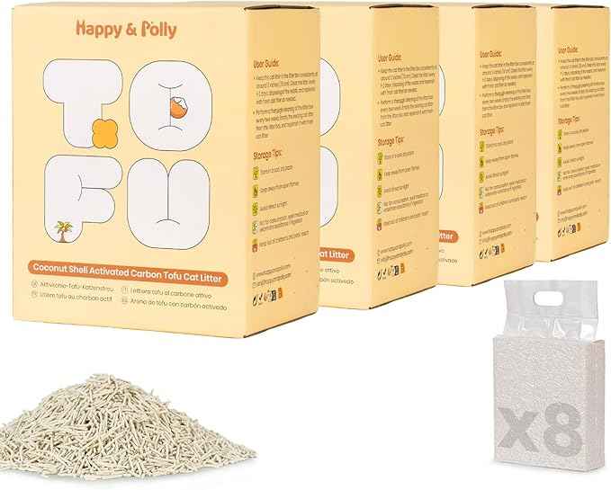 Happy & Polly Tofu Cat Litter – Fast Clumping, Flushable, Ultra Absorbent, Low Tracking, 100% Natural Raw Materials with Coconut Charcoal – 44 LB(5.5LB*8 Bags)