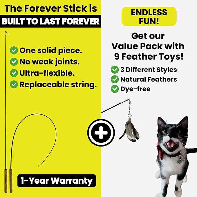 Forever Stick and 9 Cat Feather Toy Refills - The Unbreakable Cat Wand Toy, Durable Cat Toy Wand, Extra Long Cat String Toy, Cat Fishing Pole Toy for Bored Indoor Adult Cats, Cat Stick Toy