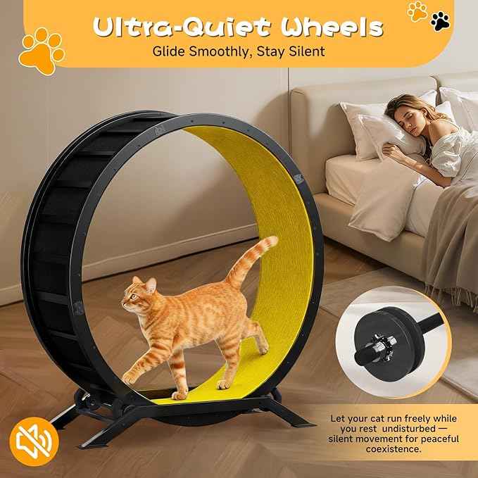 GTRACING Cat Wheels, 40" Diameter, Large Cat Exercise Wheel for Indoor Cats cat Treadmill Metal with Detachable Carpet & Teaser/Stickers, Ultra-Quiet Scroll Wheel with Latch, Safe and Stable, Yellow