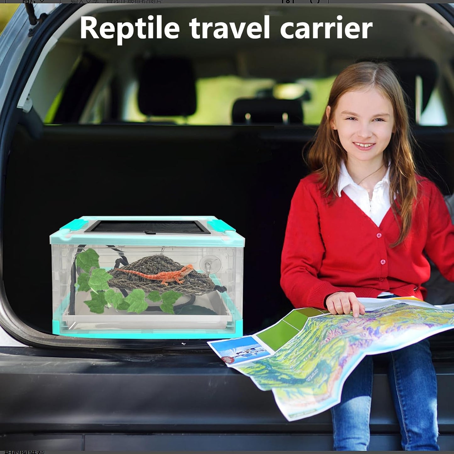 Hamiledyi Collapsible Gecko Tank Starter Kits, Reptile Travel Carrier 15.6" x 11.6" x 9.4" Small Portable Habitat Cages for Leopard Gecko, Bearded Dragon, Snake, Tortoise（Blue） - FurryFun