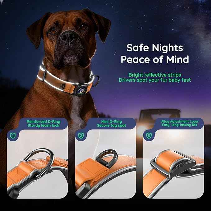 WhoseID Premium Leather Dog Collar - Waterproof AirTag Dog Collar | Magnetic Buckle Heavy Duty Collar | Medium Reflective Dog Collar with AirTag Holder