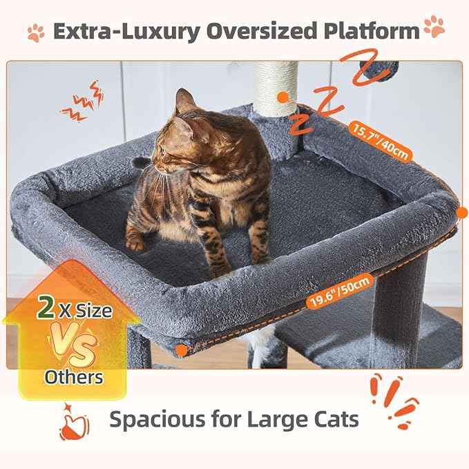 Taoqimiao Cat Tree for Indoor Cats, 55.1In Sturdy Cat Tower, Large Platform, Rotatable Round Condo with Large Scratch Board, Extended Cat House, Thickened Full-Sisal Scratching Post, Smoky Gray, F10G