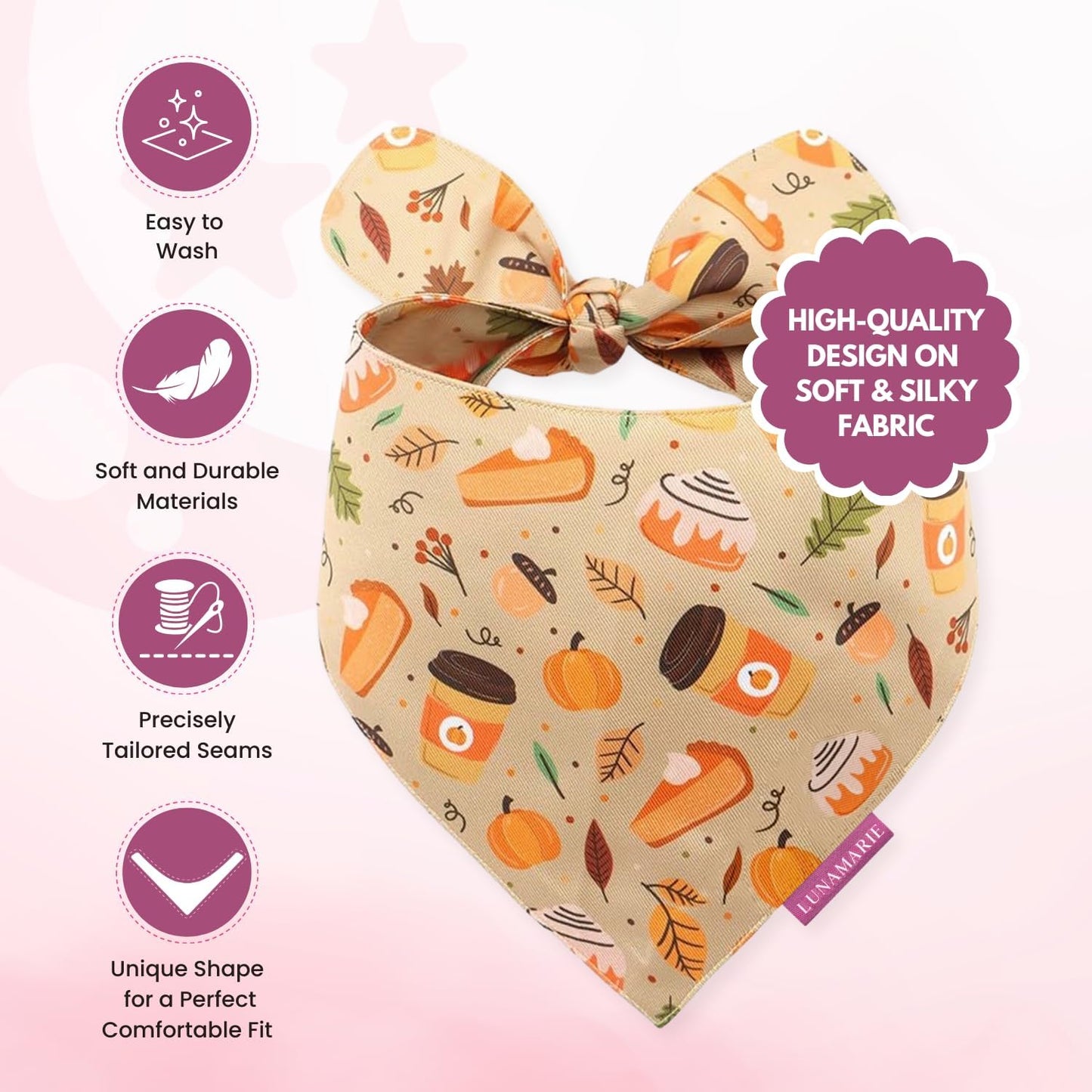 LunaMarie - Luxury Pet Birthday Bandanas -Premium & Silky Poly Fabric | 100% Handmade | Custom Shape Dual Layered (Fall Sweets, X-Small)