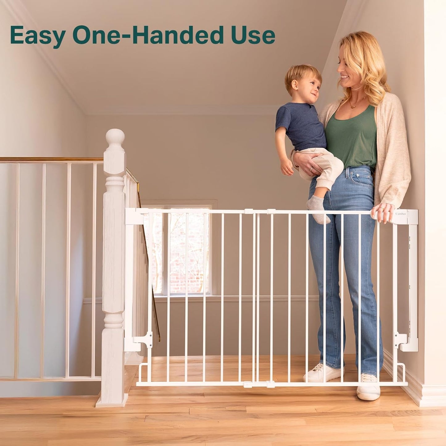 Cumbor 29.2-43" No Bottom Bar Baby Gate for Stairs, 2-in-1 Hardware Mounted Dog Gate Indoor, Auto Close Pet Gate for Doorways with Large Walk Thru Door, Wide Child-Proof Safety Gates for Kids (White)
