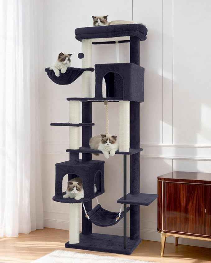 Cat Tree for Indoor Cats Large Adult, 70.5'' Cat Tower with Scratching Post, Sturdy Steel Pube Cat Tree Tower with Large Playing Platfrom, Hammock and Basket, Top Perch, Drak Gray GCT024G