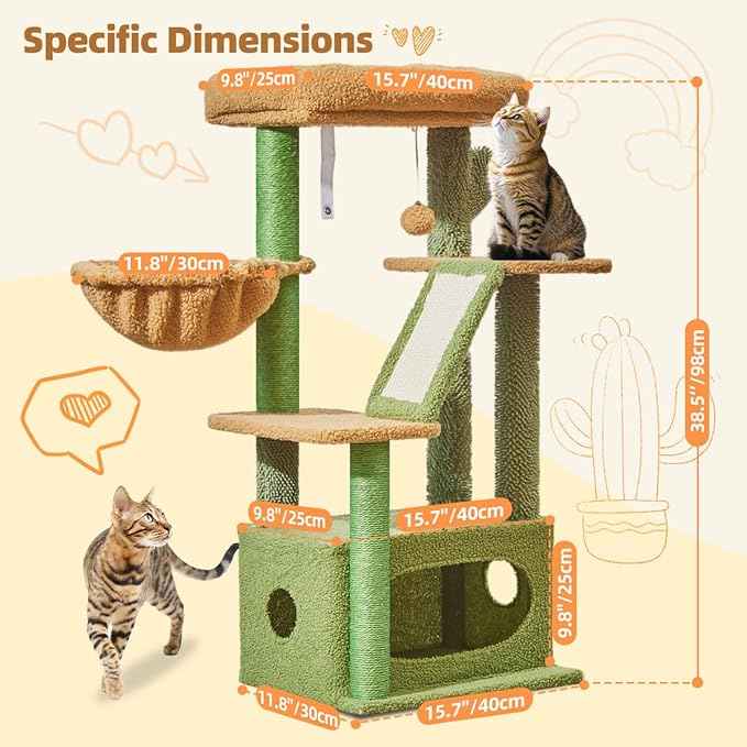 Taoqimiao Cat Tree,38.5-Inch Cat Tower for Indoor Cats,Suitable for Kittens with Luxurious cat condo with Adjustable Baskets and Luxurious Perch MS029ST Cactus