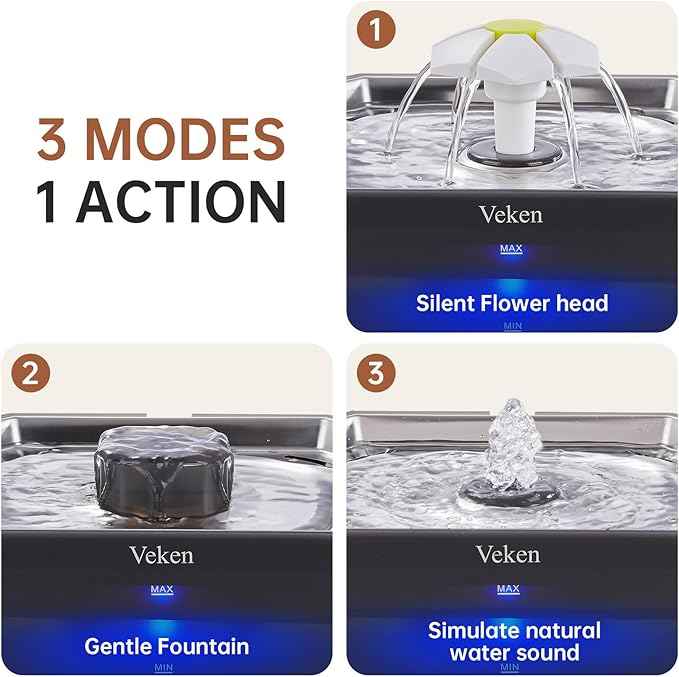 Veken Award-Winning Small Pet-Friendly Cat Water Fountain with Stainless Steel Lid & Quiet Pump, Easy to Clean & Assemble, 50oz Mini Water Dispenser Gifts for Cats and Small Animals, Silver