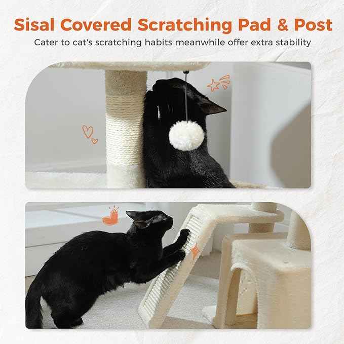 PETEPELA Small Cat Tree for Indoor Cats, 32'' Cute Cat Tower Cat Condo with Sisal Scratching Ramp, Cozy Hammock and Removable Top Bed Perch for Kittens, Beige