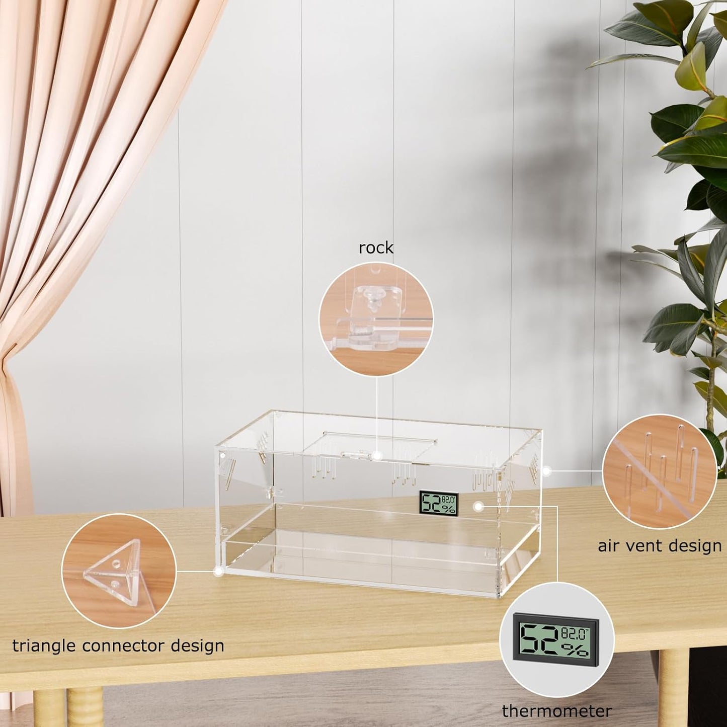 Acrylic Tarantula Enclosure, Reptile Terrarium Breeding Tank w/Temperature Hygrometer,Habitat Reptiles Feeding Box Isopod Terrarium Cage for Insect Lizard Home Office (Reptile-Tank-L(Tray)) - FurryFun