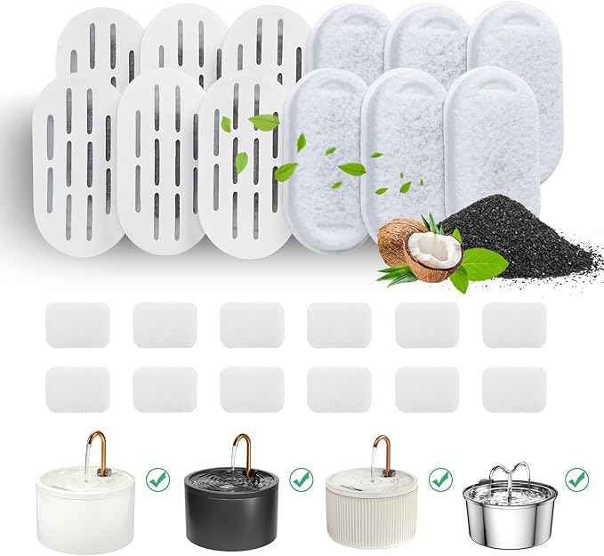 DOOOB Cat Water Fountain Filters, 24 Pack Cat Fountain Filter, Cat Fountain Replacement Filters for DOOOB Stainless Steel Cat Water Fountain, Pet Water Fountain Filters (12 Filters & 12 Sponges)