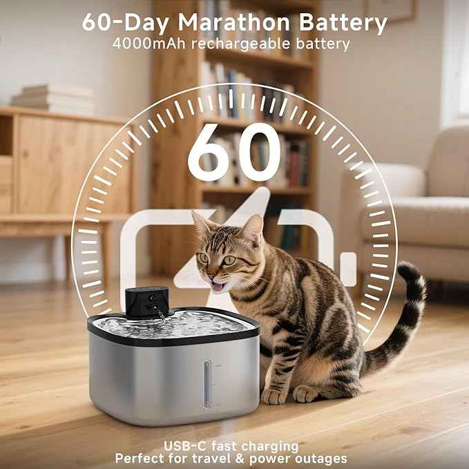 Cat Water Fountain Stainless Steel, 118oz/3.5L Cordless Automatic Pet Water Dispenser for Cats Indoor, with Motion Sensor, Ultra Quiet Pump, Rechargeable & Multi-Filtration (Silver)