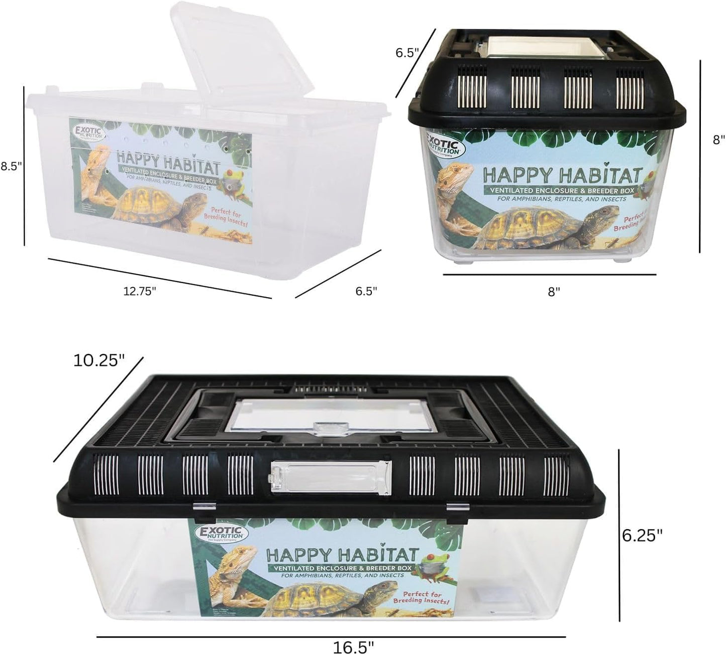 Happy Habitat (Medium - 2 Pack)- Ventilated Enclosure & Breeder Box - for Live Feeder Insects, Reptiles, Amphibians & Other Small Pets - Durable Plastic Portable Terrarium - FurryFun
