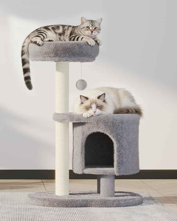 Cat Tree, 34.3 Inches Cat Tower with Scratching Post, Condo, Interactive Hanging Ball, Plush Perch for Indoor Large Cats, Gray