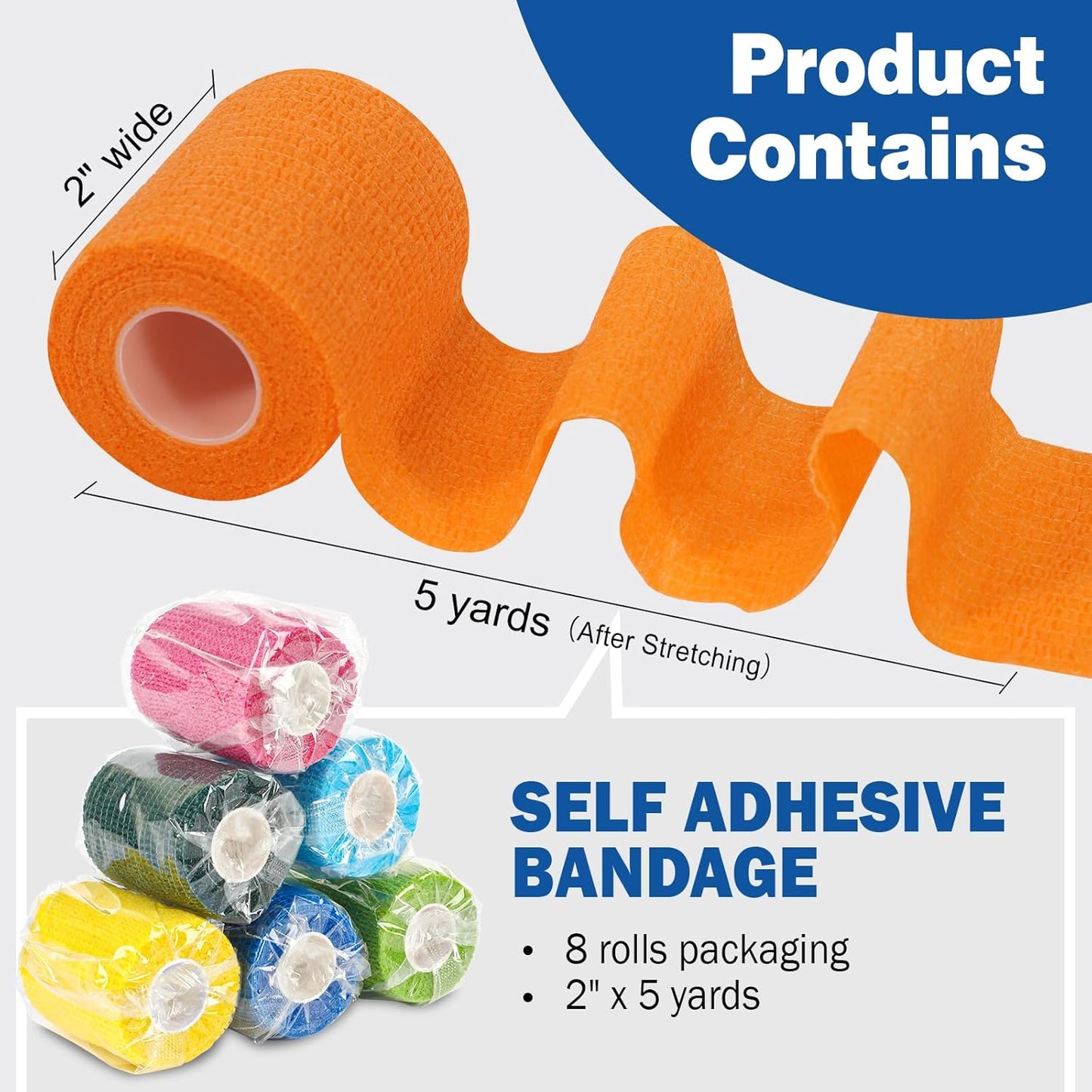 AZEN 8 Pack Self Adhesive Bandage Wrap, 2" X 5 Yards Elastic Cohesive Bandage Wrap, Color Athletic Tape, Vet Wrap, Ankle Tape, Tattoo Grip Tape Wrap