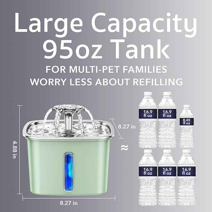 Veken Innovation Award Winner Stainless Steel Cat Water Fountain, 95oz/2.8L Automatic Pet Fountain Dog Water Dispenser with Replacement Filters & Silicone Mat for Cats, Dogs, Multiple Pets (Tea Green)