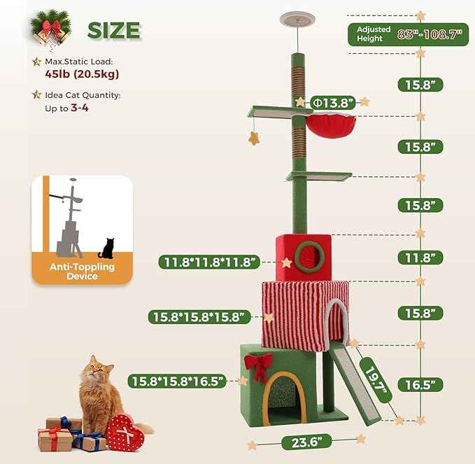 PETEPELA 83-108'' Floor to Ceiling Christmas Cat Tree for Large Indoor Cats, Tall Cat Tower with Adjustable Height with 3 Large Cat Condos, Cozy Hammock, Scratching Posts, Green/Red
