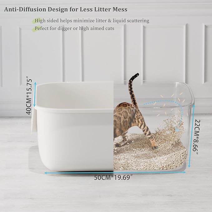 Vealind Large Cat Litter Box High Sided Entry Cat Litter Pan 50 x 40 x 22 CM, Anti-Splashing Deep Tall Cat Boxes for Indoor Cats Basics Kitty Litter Box (White)
