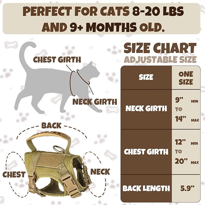 Cat Harness and Leash Escape Proof Tactical Cat Harness with Custom Patches Adjustable Soft Vest for Walking & Training Comfortable Outdoor Gear Fits Small Medium Large Cats (8-20 lbs)