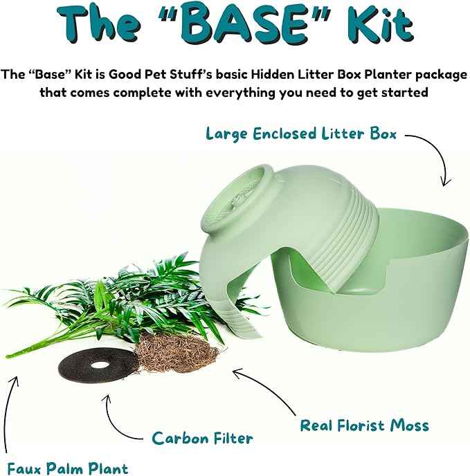 Good Pet Stuff Hidden Litter Box Planter, Decorative Cat Litter Enclosure with Carbon Filter, Artificial Plant, Easy Clean, Indoor Design, Original Round Style, Base Kit, Seagrass Green