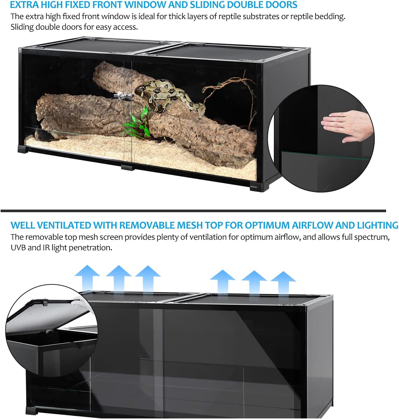 REPTI ZOO 68 Gallon Reptile Terrariums, 48" X 18" X 18" Reptiles Tanks Enclosure for Bearded Dragon Ball Python Snake, Black-Tinted ECO Glass Reptile Habitat with Sliding Door & Top Screen Ventilation - FurryFun