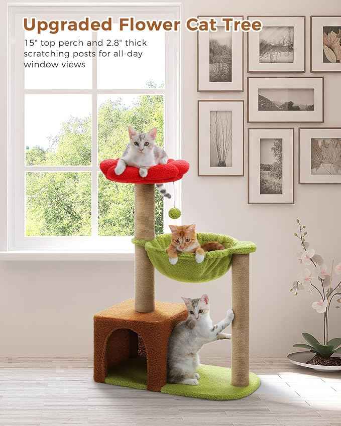 Flower Cat Tree with Sisal Scratching Posts, 35" Cute Cat Tower with Large Green Hammock for Small Indoor Cats, Cat Condo with Removable Flower Bed for Kittens, Brown