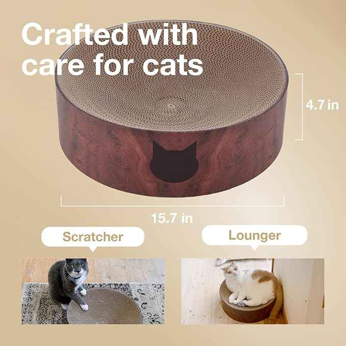 Necoichi Cat Scratcher Bowl for Indoor Cats - Cat Scratching Lounger with Reversible Usability and Extra Comfort for Lounge, Cardboard Bed Couch / (Regular, Dark Cherry)