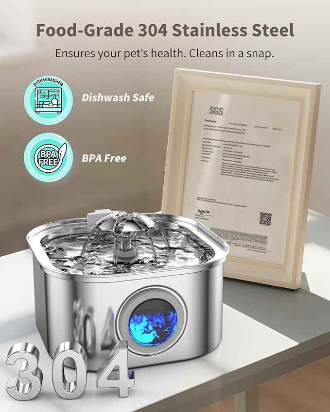 Cat Water Fountain Stainless Steel, 3.2L/108oz Cat Fountain with Water Level Indicator, Pet Water Dispenser with Quiet Pump Ideal for Cats, Dogs and Multi-pet households