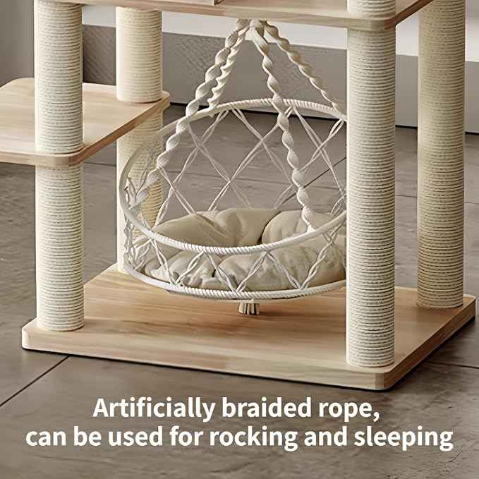 Cat Hammock, Handwoven Hanging Boho Cat Bed for Indoor Outdoor Home Decor for Playing Sleeping Climbing and Lounging with Cushion, Suitable for Cats or Small Dogs Up to 8.8 Lbs