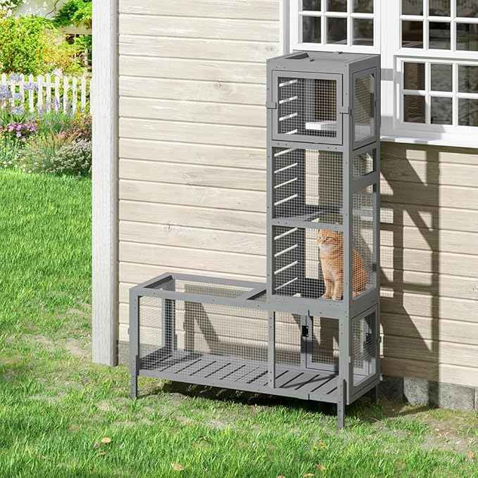COZIWOW Wooden Cat Play Tunnel with Platforms – Configurable Window Catio, Multi-Combination Extendable Cat Run & Small Pet Play Enclosure for Indoor/Outdoor Use