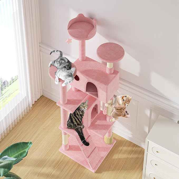 MoNiBloom 77 Inch Cat Tree Tower for Indoor Cats Large Adults, Tall Cat Tower with Scratching Post, Multi-Level Furniture Activity Center with Cat Condo Pet Play House, Soft Pink
