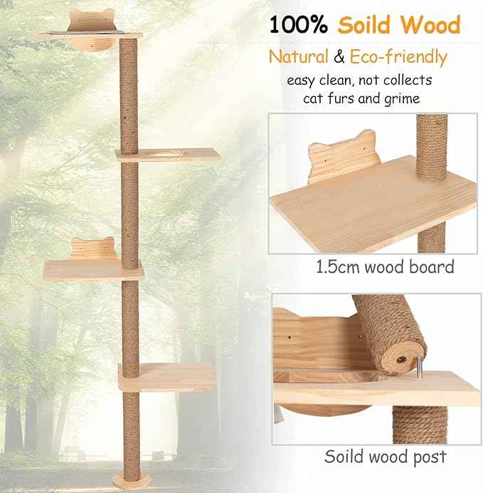 Cat Tree Wall Mounted,Tall Scratching Post for Indoor Cats Climbing Tower Activity Wood Cat Wall Furniture(Wood)