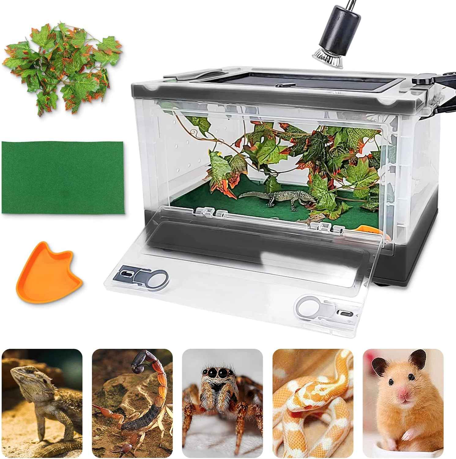 Foldable Reptile Terrariums Kits with Plant, Feeding Bowl, Carpet, Easy to Carry, Easy to Move with Wheels, Heat-Resistant Material, Suitable for Lizard Tortoise Leopard Gecko (Black)