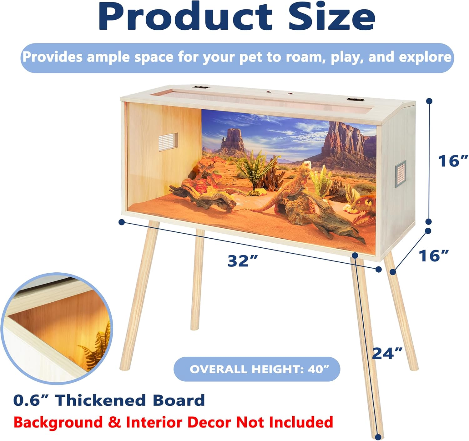 Prolee Reptile Terrarium, Lizard Tank Up to 68 Gallons, Bearded Dragon Tank with Roof Door, Snake Tank with Built-in Lamp Fixture and Switch, with Leg Stand (Oak, 28 Gallons, 32" Length) - FurryFun