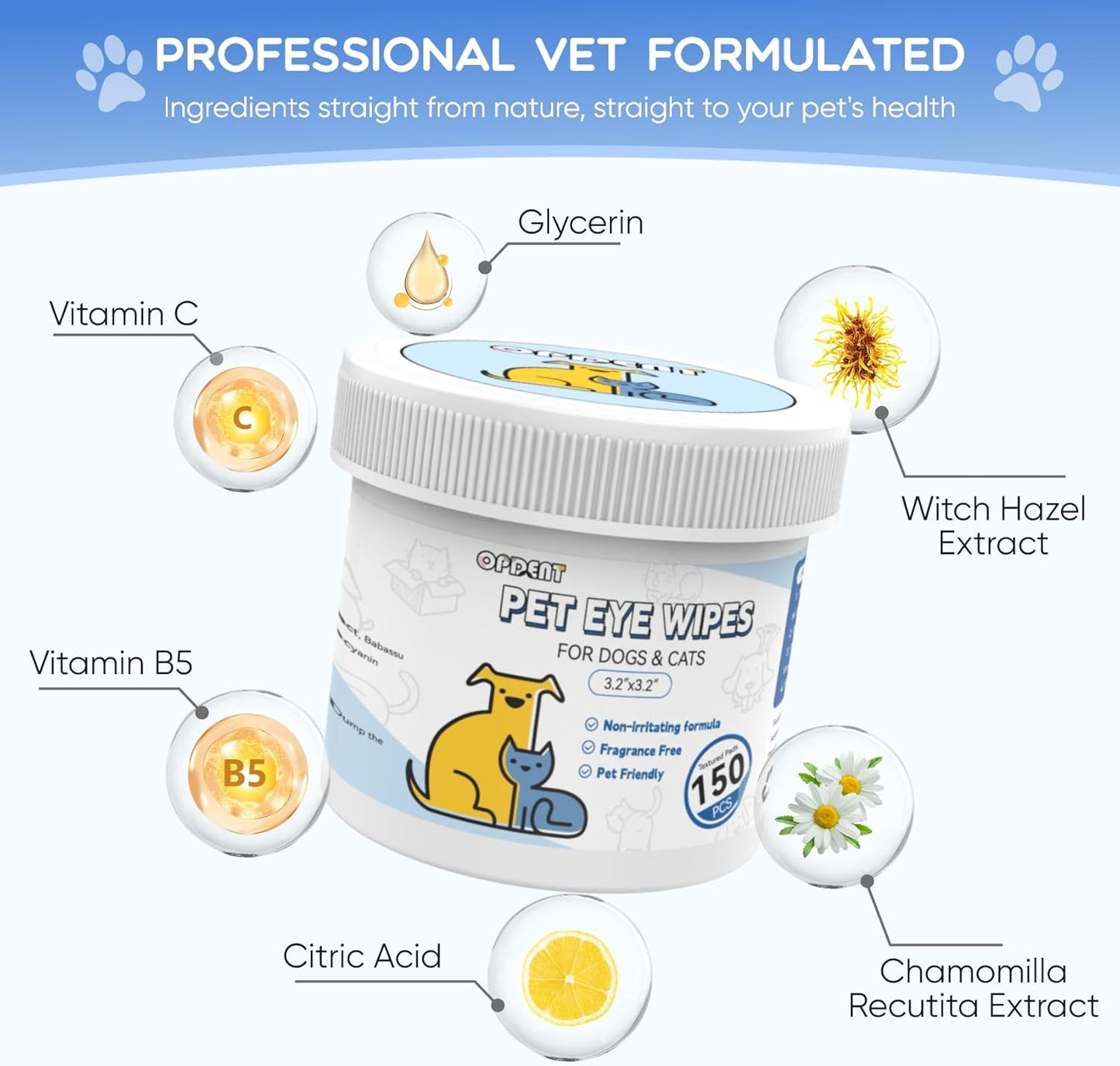 Eye Wipes for Dogs & Cats - Tear Stain Remover for Dogs - Dog Eye Cleaner, Eye Debris, Discharge, Mucus Secretions - Eye Wipes for Dogs & cat Eye Wipes (3.2 in,300pcs)